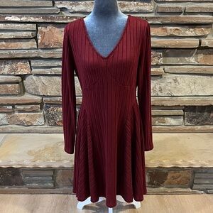 Halara Ribbed Knit V-neck Long Sleeve Flare Midi Dress Wine Red